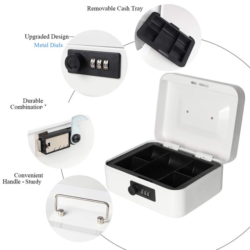 Jssmst Medium Cash Box with Combination Lock - Durable Metal Cash Box with Money Tray White,7.87 x 6.3 x 3.35 inches, SM-CB07005M - Image 4